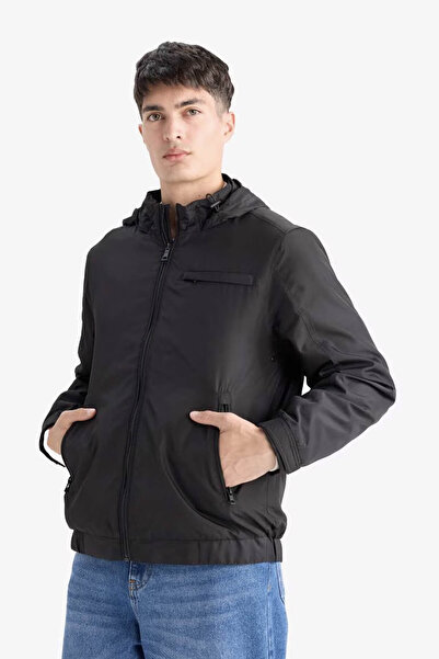 DeFacto Waterproof Lined Hidden Hooded Transitional Black Men's Coat D7669Ax/Bk27