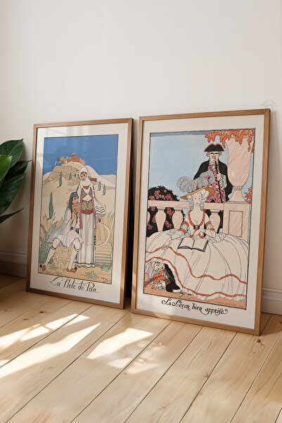 Basquiart Poster cu ilustrații vintage, înrămat în lemn, set de 2 bucăți, set...