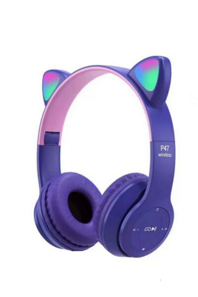 Angelphoto Kablosuz Bluetooth Kulaküstü Rgb Işıklı Lila Kedi Desenli Kulaklık