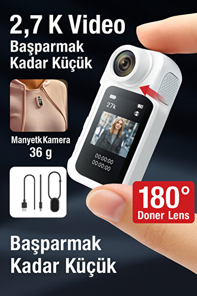 qasul 2.7K Mini Kamera – Manyetik Tasarım, 180° Döner Lens, Ultra Hafif Spor,...