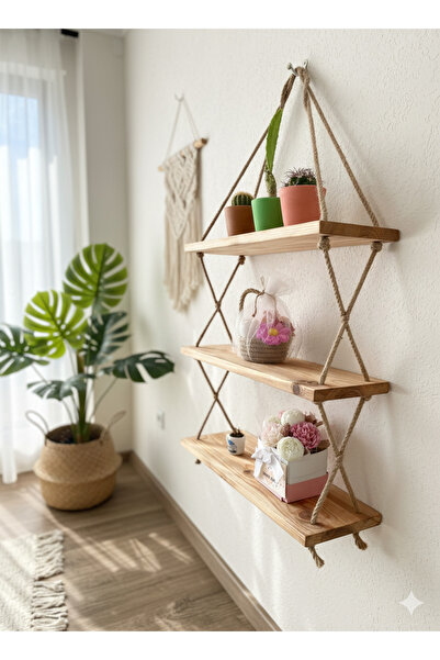 Akinsc Mobilya Dekorasyon Halatlı Ahşap Duvar Rafı