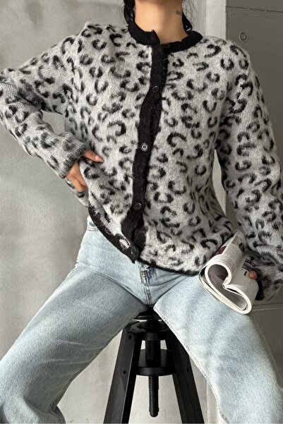 Noi Belis Leopard Patterned Crew Neck Knitwear Cardigan Aw25Hi0040