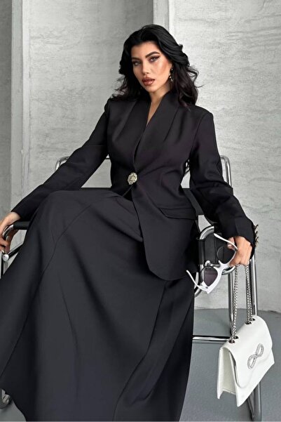 spirituel Women's Two-Piece Suit Stylish Button Detail Stand Collar Blazer Jacket Long Bell Skirt Set