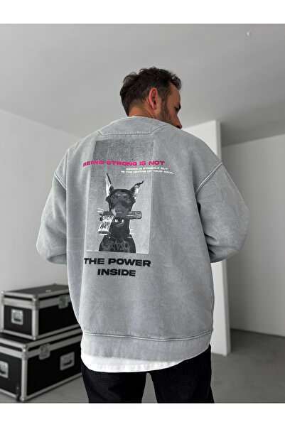 BYBASICMAN Gri The Power Kabartmalı Sweatshirt TW-7087