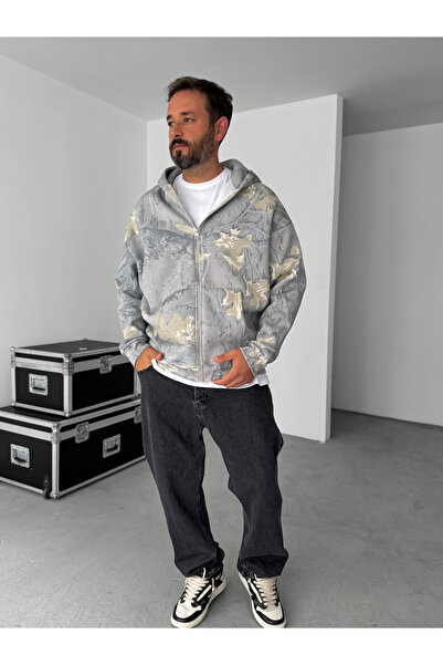 BYBASICMAN Gri Yaprak Desenli Fermuarlı Sweatshirt HM-0016