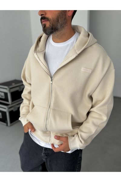 BYBASICMAN Beige Waffle Zippered Hooded Sweatshirt Hm-0012