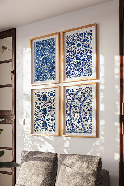 Basquiart Çini Desenli 4'lü Ahşap Çerçeveli Poster, Tablo Seti No:45