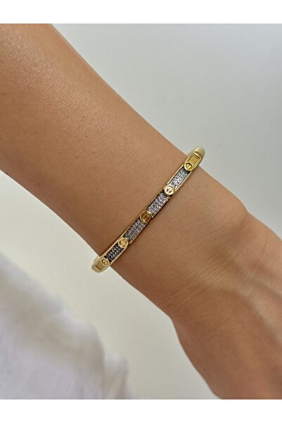 YOUES JEWELRY 316L Çelik VIP SERİ 14K Altın Renk Minimal Taşlı Kelepçe Bilezik Kadın Erkek Unisex Bileklik