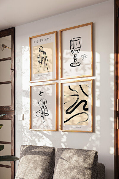 Basquiart Set de 4 postere boeme cu ramă din lemn, set de picturi nr:20