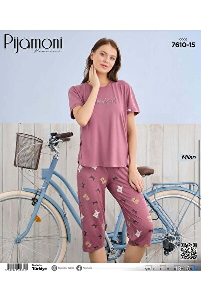 Pijamoni Gül Kurusu Renkli Bambu Milan Kumaş Kaprili Kadın Pijama Takımı