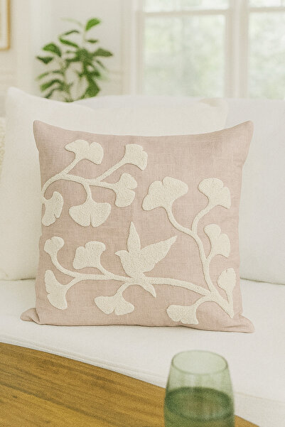 Pilloveland Punch Nakışlı Kırlent Kılıfı - 43*43 Cm - Ginkgo Bej - PNK001