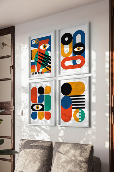 Basquiart Set de 4 postere cu ramă albă Bauhaus, set de picturi nr.:21