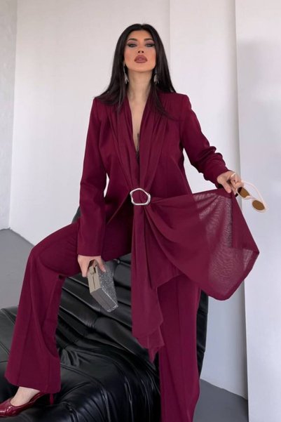 AKD Atelier Women's Two-Piece Top and Bottom Set Stylish Shawl Collar Buckle ...