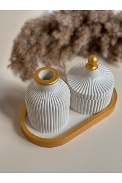 Zigzag Home Decorative Bohemian Style 3 Piece Vase, Box with Lid, Tray Set White Gold Detailed Figurine Set