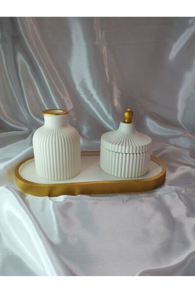 Zigzag Home Decorative Bohemian Style 3 Piece Vase, Box with Lid, Tray Set White Gold Detailed Figurine Set