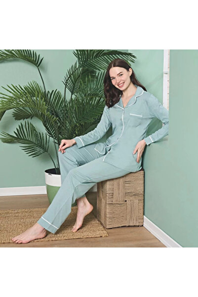 Over Sleep by Poleren Turkuaz Renkli Gömlek Yaka Uzun Kollu Kadın Pijama Takımı