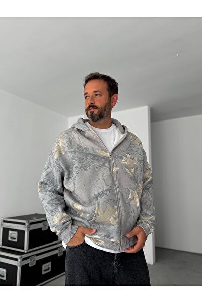 BYBASICMAN Gri Yaprak Desenli Fermuarlı Sweatshirt HM-0016