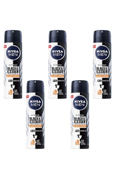 NIVEA Set 5 Antiperspirante Men Black&White Invisible Ultimate Impact, 48h protectie, 150ml