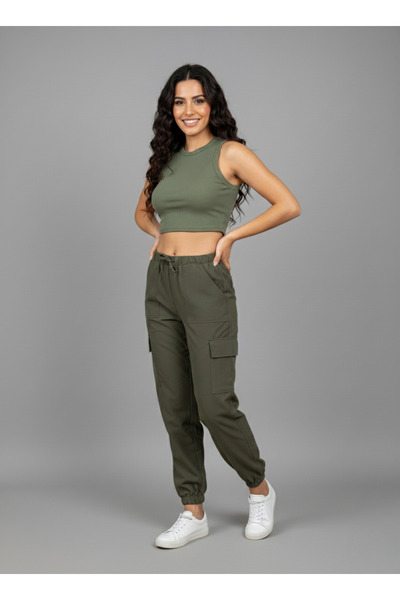 The Mrk Collection Women's Khaki Cargo Pocket Pack Elastic Waist Sports Pants