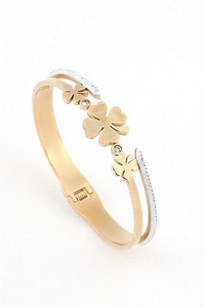 Jewerly Kadın Yonca Işıltılı Çelik Gold Bileklik