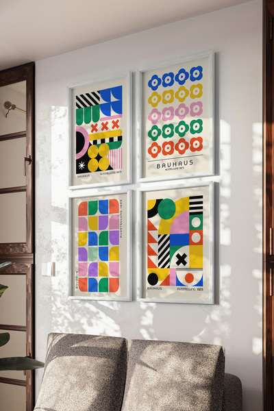 Basquiart Poster Bauhaus, set de 4 postere cu ramă albă, set de picturi nr.:25