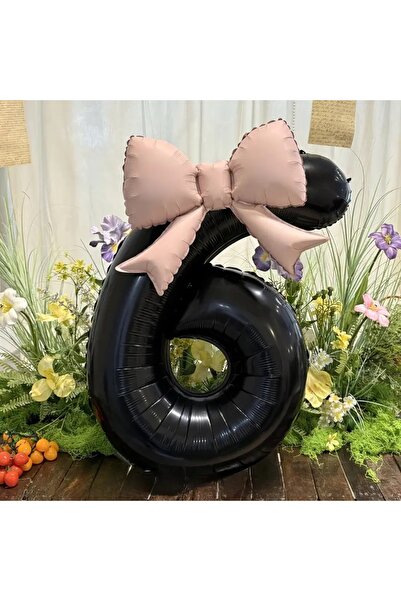 DÜVENCİ TİCARET 2 li büyük boy siyah rakam folyo balon, pembe fiyonk süslemeli
