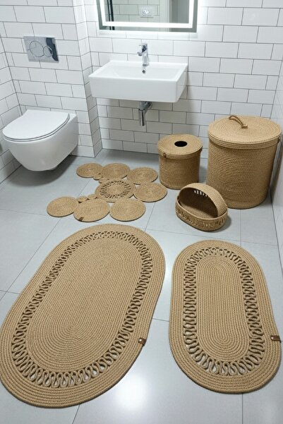 BHR Creative Σετ μπάνιου ADES από γιούτα, σετ χαλιών μπάνιου, κάδος απορριμμάτων, χαλάκι τουαλέτας και σετ καλαθιών μπάνιου