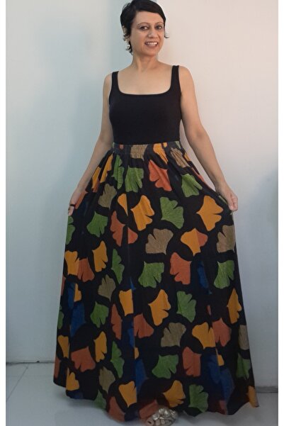 Mertcan Butik Black Leaf Patterned 6-Piece Combed Viscose Skirt