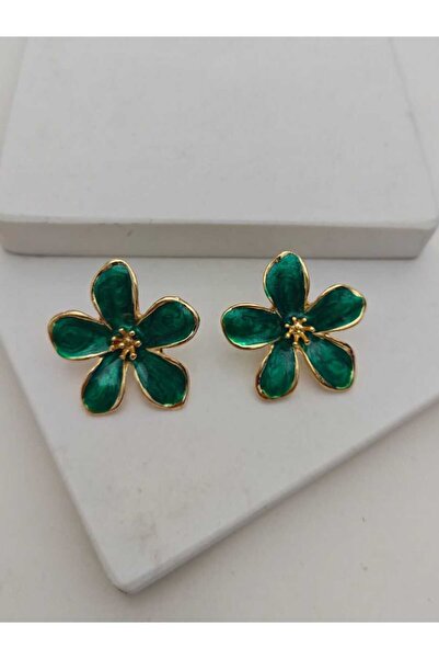 KYOLA DESİGN Yeşil Parlak Mineli 5 Yapraklı Gold Kadın Küpe (3cm)