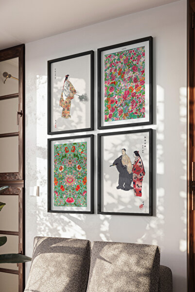 Basquiart Poster cu ramă neagră, artă japoneză, set de 4 piese, set de pictur...