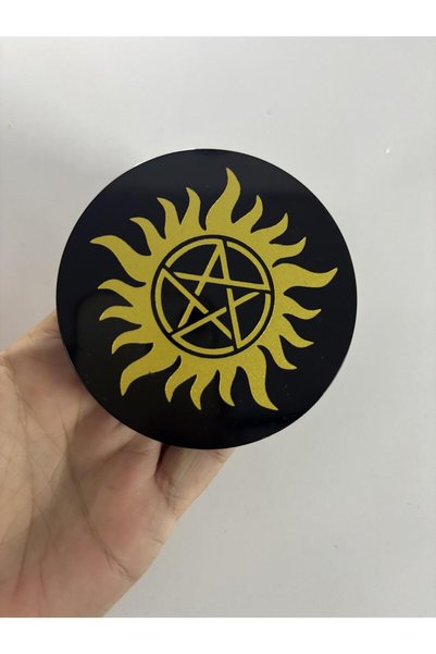 gemsartdeco OBSİDYEN AYNA PENTAGRAM GOLD