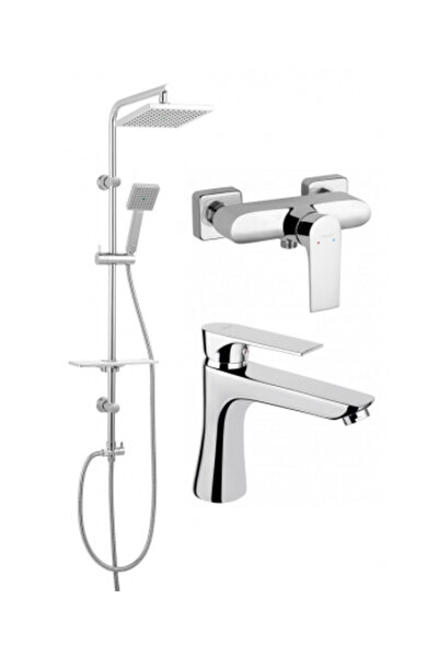 FERRO Set 3 in 1 Dual Shower Amigo Verdeline and Battery Square Wall Faucet and Basin Faucet