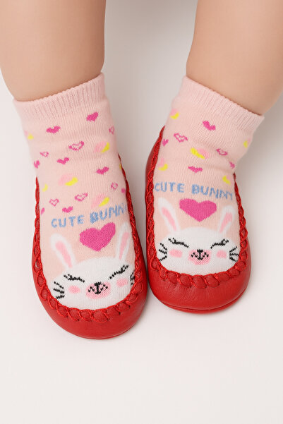 minissa baby kids Çarık Socks Non-Slip Leather Sole Red-Pink