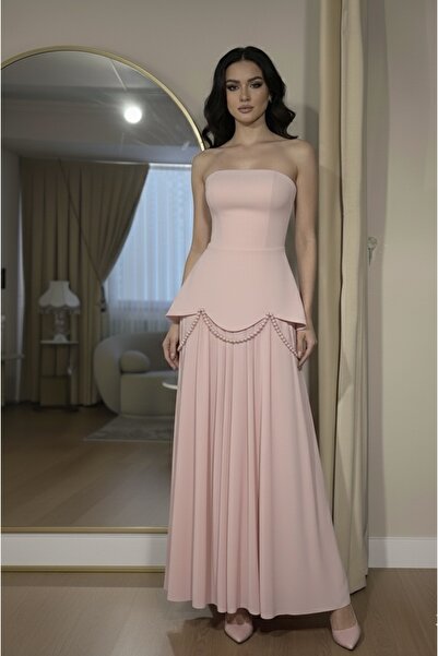 MODA Pembe-Nişan-Söz-İsteme Elbisesi-Peplum Detay-İncili Abiye