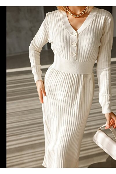 EsSo butik New Season Ecru V-Neck Buttoned Front Ribbed Knit Dress