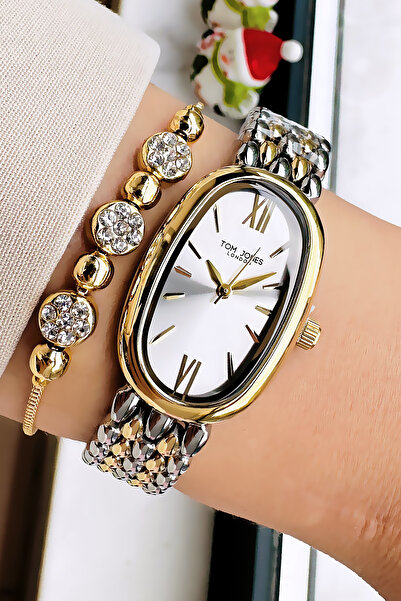 Tom Jones ساعة يد نسائية أصلية 3 Atm مقاومة للماء باللون الذهبي وسوار فولاذي ...
