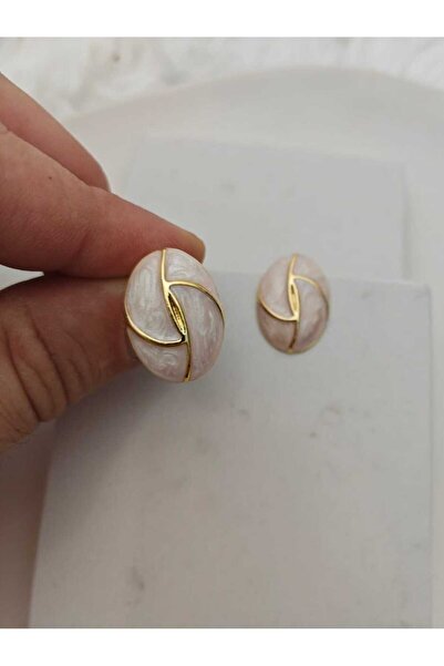 KYOLA DESİGN White Enamel Oval Gold Women's Earrings (3cm)