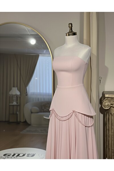 MODA Pembe-Nişan-Söz-İsteme Elbisesi-Peplum Detay-İncili Abiye