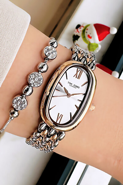 Tom Jones ساعة يد نسائية أصلية 3 Atm مقاومة للماء باللون الذهبي الوردي وسوار فولاذي + سوار هدية GTJB2007C1