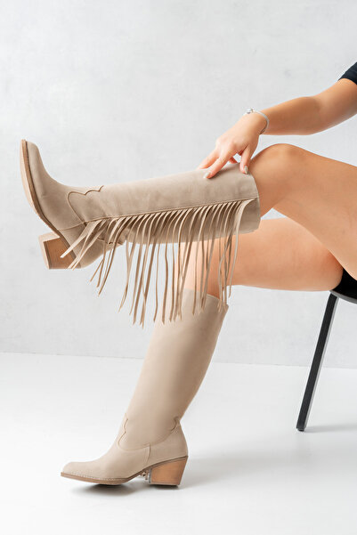 SEEM & BE Matilda Püskül Detaylı Western Kadın Kovboy Bej Çekme Çizme