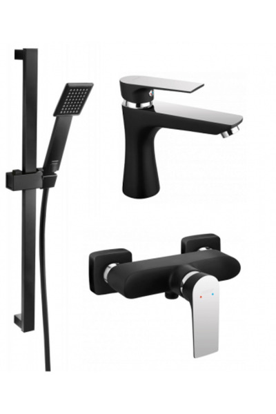 FERRO Pachet 3 in 1 Baterie dus Negru-crom, baterie lavoar SQUARE si Set Bara Dus 1 Functii Sinus Black, N