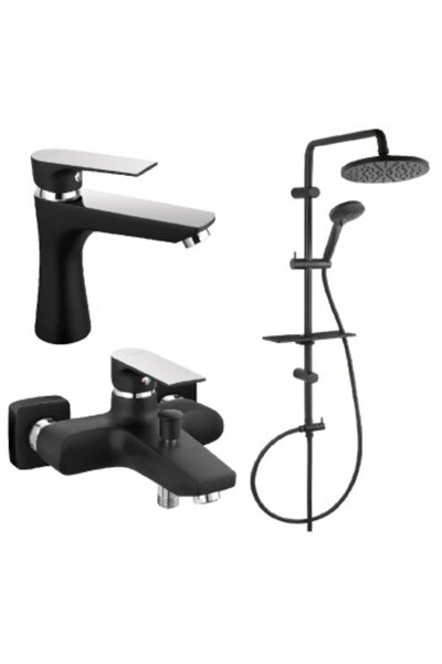 FERRO Pachet 3 în 1: Baterie cadă/duș crom negru, baterie lavoar pătrată și coloană de duș rotundă cu