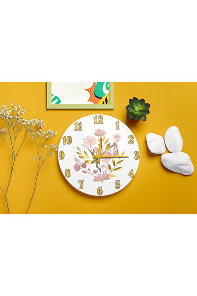 M&H Quality Pink Flower Bouquet Silent Wall Clock with Gold Numbers 40 cm