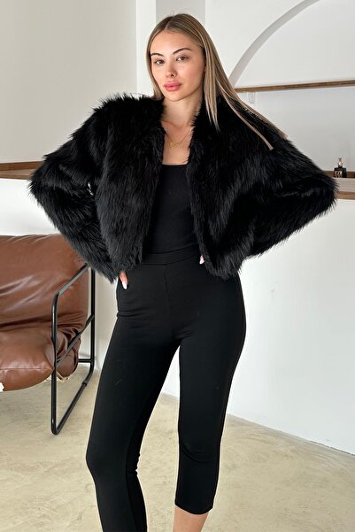 Olcay O-Neck Crop Faux Fur Jacket Black 1014