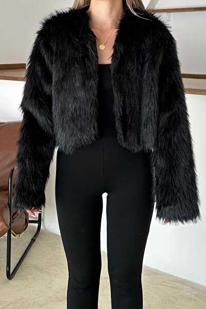 Olcay O-Neck Crop Faux Fur Jacket Black 1014