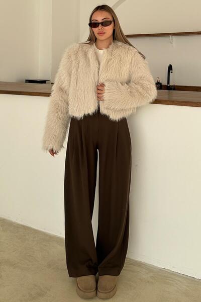 Olcay Zero Neckline Crop Faux Fur Jacket Stone 1014