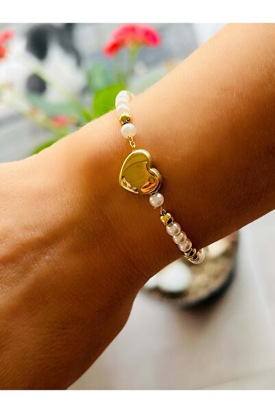 ACAR TAKI سوار قلب من الفولاذ واللؤلؤ 17+5 سم - لون ذهبي ACR6670