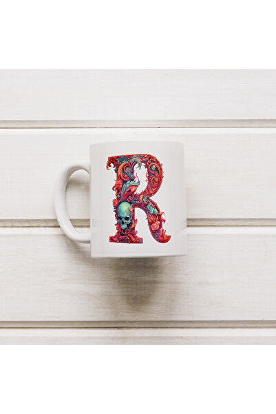 Kupa R Harfi Kurukafa Desenli Bardak 330 ml – Kişiye Özel Gotik Tarz Hediye