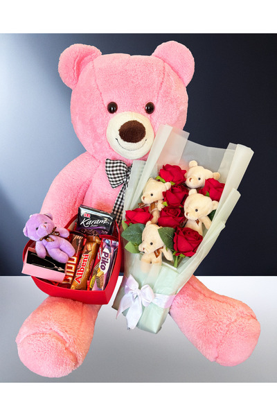 Linalux Gifts Sevgiliye Hediye - Ayıcıklı Gül Buketi - Çikolatalı Çelik Kolye...