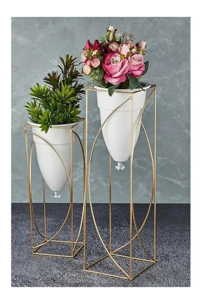 NUVVO Metal 2'li Gold Ayaklı Dekoratif Beyaz Saksı